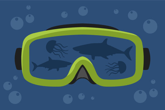 Vector illustration of reflection of shark and jellyfish silhouettes on green diving goggles on the seabed filled with water bubbles