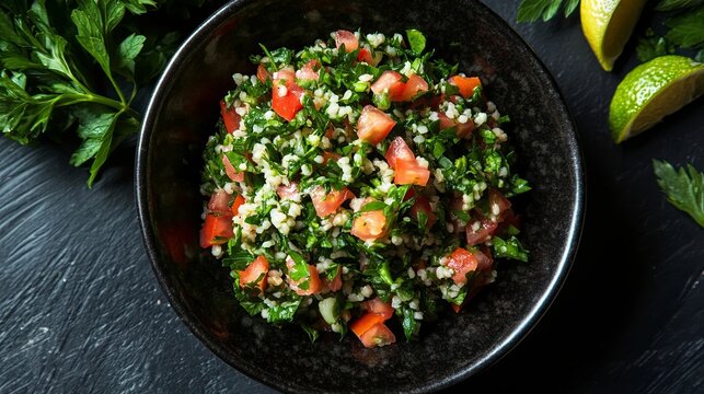 Fresh green tabbouleh salad chopped parsley diced tomatoes bulgur wheat lime wedges dark bowl top view