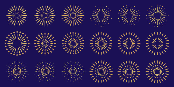 Golden firework burst pattern designs arranged in a grid on a dark purple background
