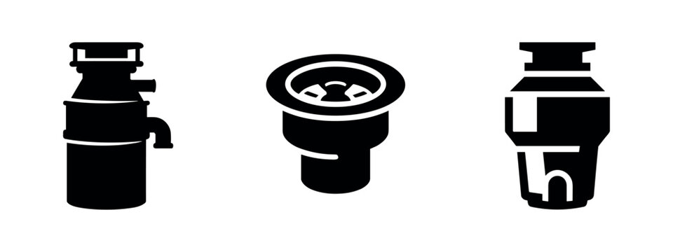 Garbage Disposal Icons Set. Waste Disposer Vector Symbol. Sink Drain Unit for Kitchen Black Silhouette Collection.