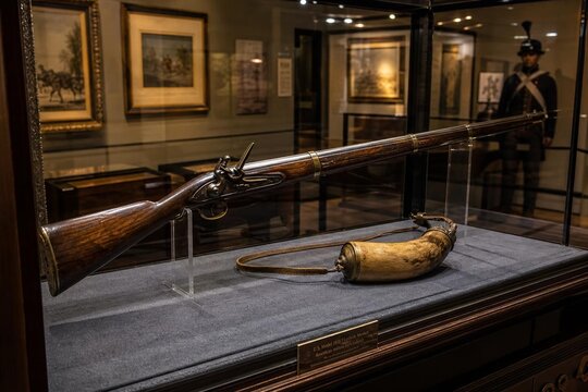 Antique musket displayed in museum case with powder horn accessory under soft gallery lighting.