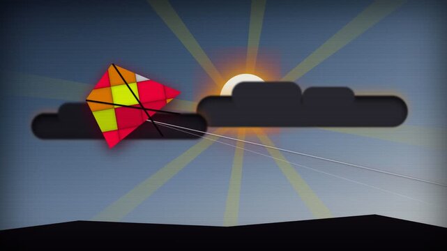 Colorful Kite Flying High in the Sky with Sun and Clouds.