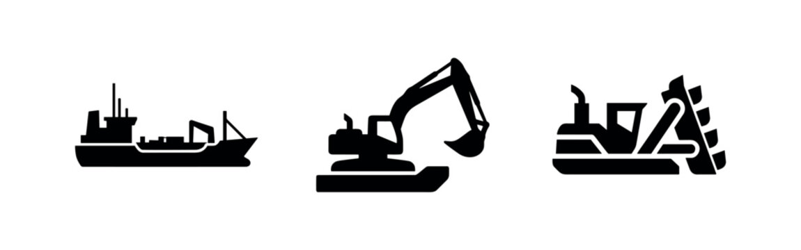 Dredger Icons Set. Marine Excavation Equipment Vector Symbol. Sea Works and Port Construction Black Silhouette Collection.