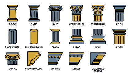 Classical architectural column and decorative molding icon set. © Alya