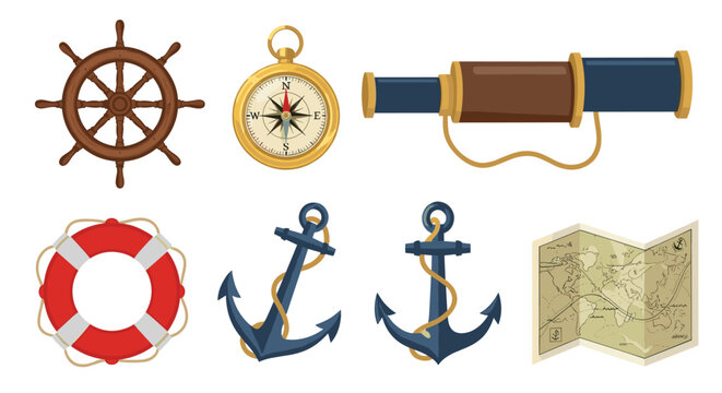 Collection of vintage nautical items including a ship wheel, compass, telescope, lifebuoy, anchors, and a treasure map.