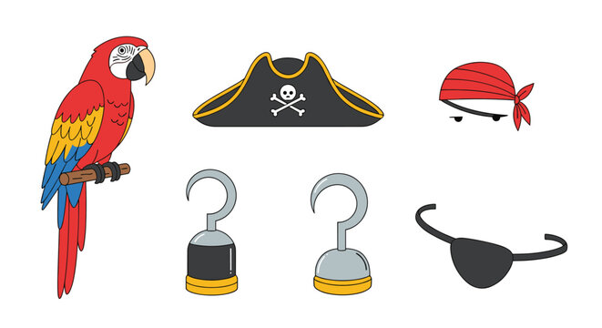 Fun set of pirate themed items including a parrot, bicorne hat, bandana, eye patch, and two hook hands.