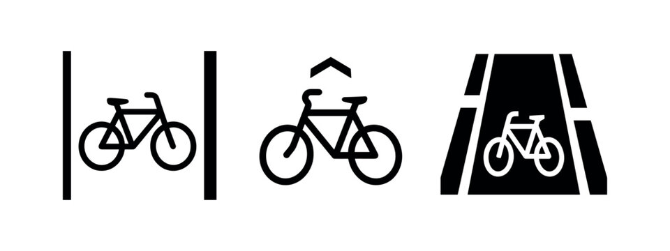 Bicycle lane and cycling path road sign icons for urban transport and safety.