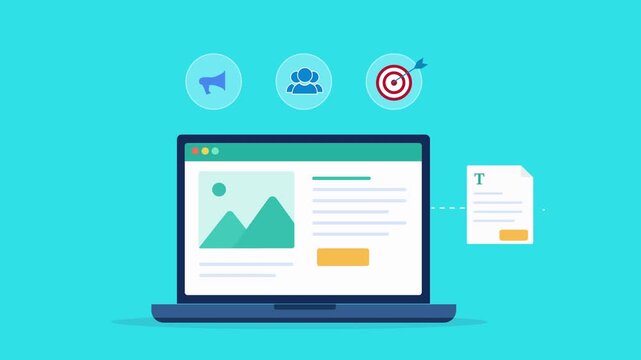 Modern flat vector animation showing a laptop dashboard with social media, audience, and target icons. Ideal for digital marketing, online campaigns, business growth, and analytics concepts.