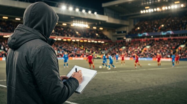 Football scout or coach observing a match from the sidelines taking notes in a notebook at a stadium