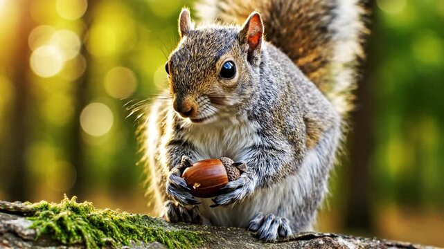 Squirrel eating a nut on a forest log