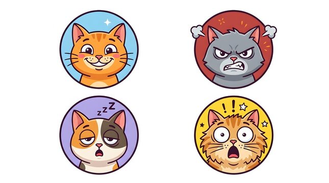 Set of four cartoon cat emoticons with various expressions