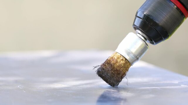 Steel brush tool on rotating electrical drill polishing metal, abrasive grinding and buff from rust