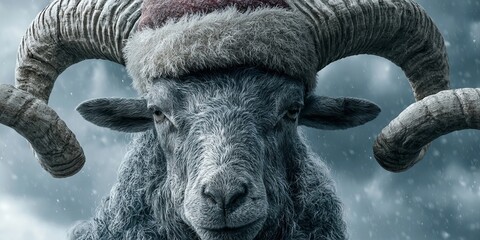 Obraz premium A Majestic Grey Ram Wearing A Festive Christmas Santa Hat Against A Dramatic Winter Background Scene