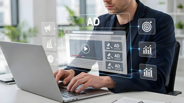 Digital advertising and marketing concept a professional businessman working on a laptop with a virtual interface showing online ad campaign management, video ads, and performance analytics