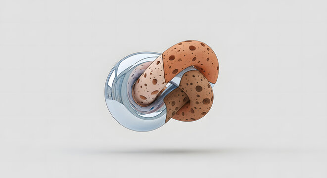 Abstract 3D knotted torus featuring alternating segments of metallic chrome and porous orange sponge-like material with circular holes, isolated on a white background with soft shadow.