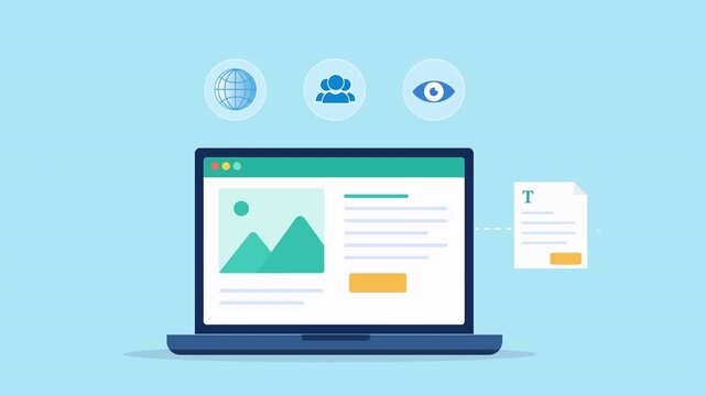 Modern flat vector animation featuring a laptop dashboard with audience, visibility, and data insight icons. Ideal for customer analytics, user engagement, business intelligence, and digital reporting
