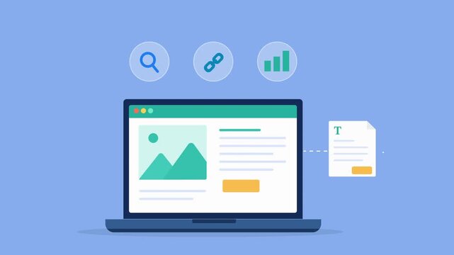Modern flat vector animation featuring a laptop dashboard with search, backlink, and analytics icons. Ideal for SEO, website optimization, digital marketing, and performance tracking concepts.