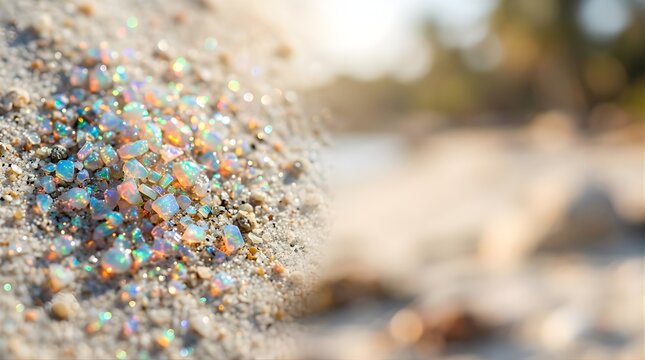 Iridescent crushed opal gemstones sparkling on white sand texture