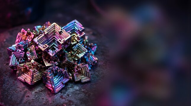 Iridescent bismuth metal crystals forming geometric shapes on a dark surface