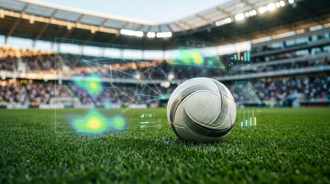Soccer ball on a professional stadium grass field with digital data analytics overlay
