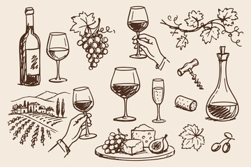 Obraz premium Wine Tasting Set Vintage Sketch Vector Illustration