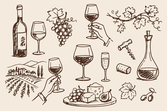 Wine Tasting Set Vintage Sketch Vector Illustration