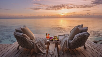 Obraz premium Serene sunset view with cozy seating and drinks.