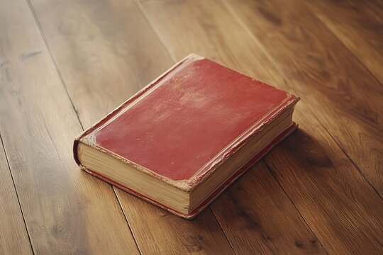 A single rustic antique book resting on dark natural wooden surface representing knowledge wisdom.