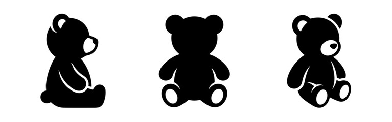 Set of black silhouette teddy bear icons, representing a childhood toy or comfort item