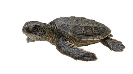 Obraz premium A close-up, high-angle shot of a small, dark-shelled baby sea turtle, isolated on a clean white background, showcasing its textured shell and flippers.