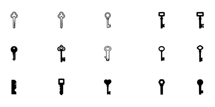 Keys Illustration Set with Different Metal Key Shapes in Monochrome Line Art for Security and Access Concepts