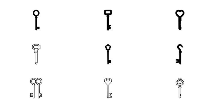 Keys Icon Set in Monochrome Line Style, Twelve Keys Arranged in Grid, Simple Vector Illustration for Security and Access Themes