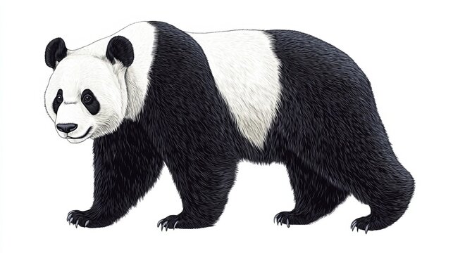 Full body illustration of an adorable giant panda bear standing isolated on white paper background.