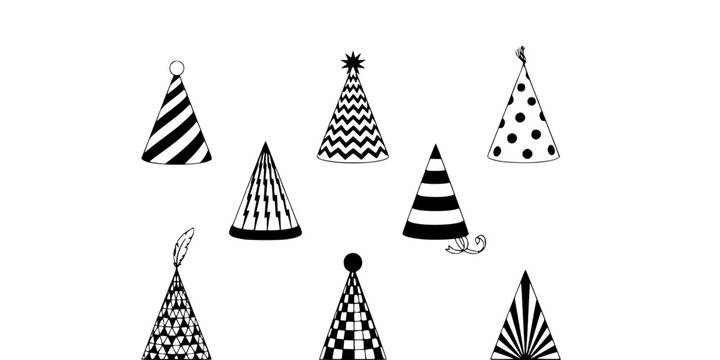 Party Hats with Various Patterns and Designs in Black and White Featuring Celebration, Festive, Decorations with Event and Confetti Elements