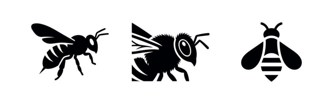Set of black silhouette bee icons, representing honeybees, pollinators, or stinging insects