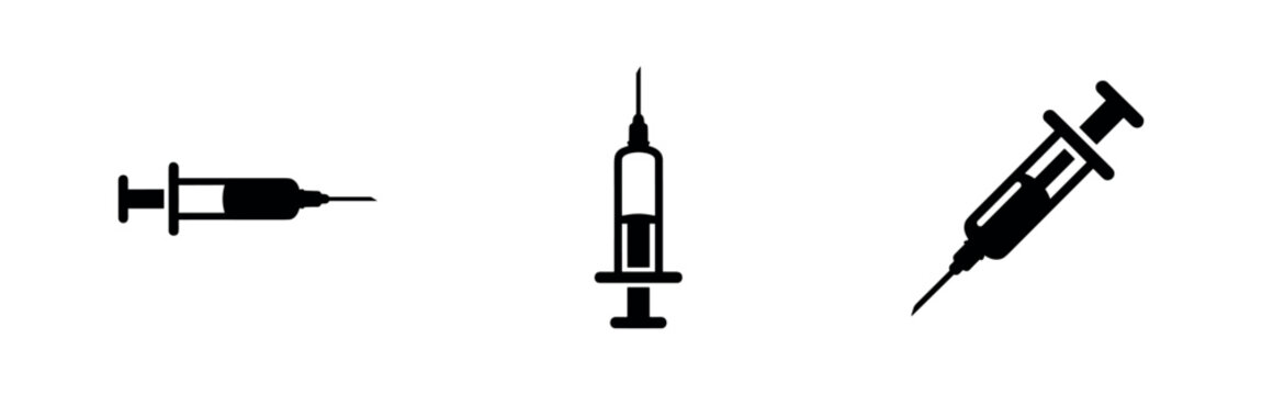 Set of black silhouette syringe icons, representing medical injections, vaccines, or health care