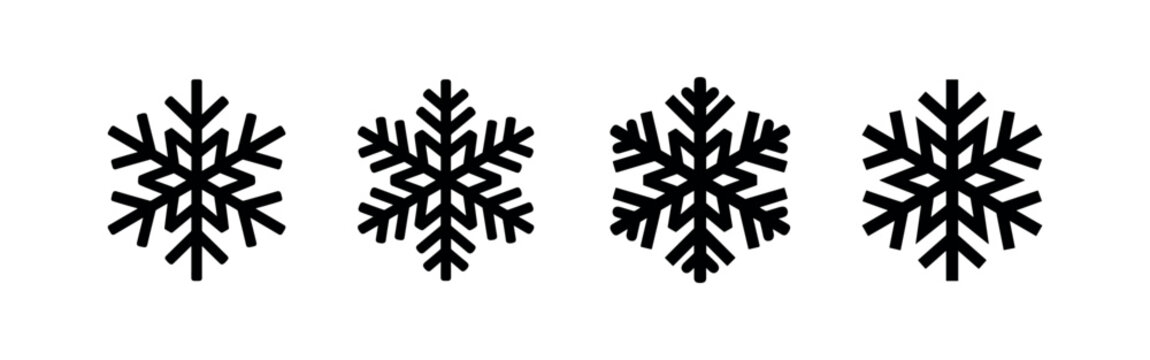 Set of black silhouette snowflake icons, representing winter, cold weather, and Christmas
