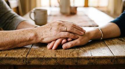 Obraz premium Two hands, one aged and one younger, resting on a rustic wooden table, symbolizing connection and support in a cozy indoor setting