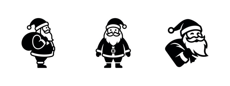 Three stylized black icons of Santa Claus in different poses.