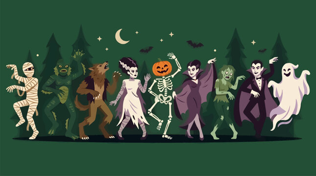 Classic Horror Monsters Parade in Spooky Forest at Night, Mummy, Creature, Werewolf, Bride, Skeleton Pumpkin, Vampire, Zombie, Ghost, Flat Vector Illustration