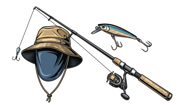 Comprehensive set of fishing gear includes a rod and reel a protective sun hat with a face cover and a colorful lure.