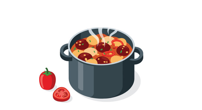 Steaming hot pot of homemade meatball soup with red tomatoes and herbs served in a dark cooking pot.