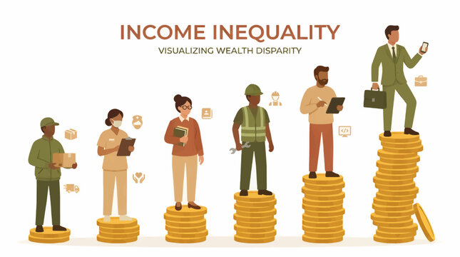 Flat Design Vector Illustration Showing Income Inequality and Wealth Disparity with Diverse Professions Standing on Stacks of Coins