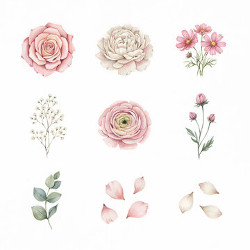 Botanical set showcases a detailed rose and assorted greenery isolated against a plain white surface.