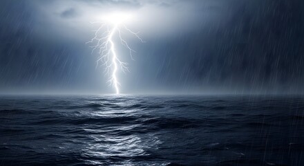 Fototapeta na wymiar Dramatic lightning strike over open ocean during storm