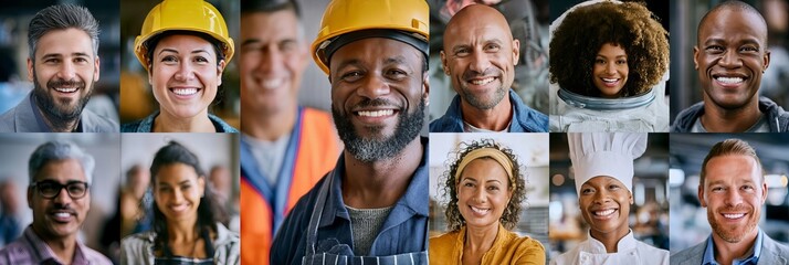 Fototapeta premium Collage Portrait of Professional Men and Women Workers Different Vocations Teamwork Environment