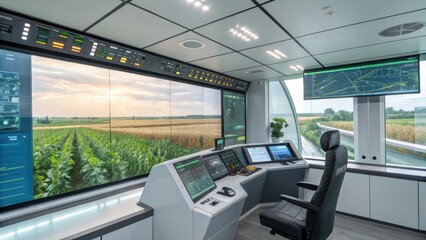 Fototapeta premium Modern farm management center with advanced technology and holographic monitors for efficient agricultural operations