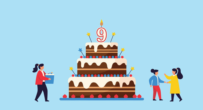 Large three-tier chocolate birthday cake with a number nine candle and happy children celebrating a party.