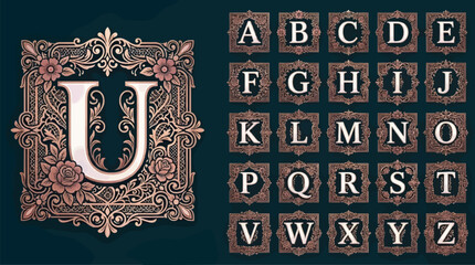 Ornate Alphabet Letters A-Z in Decorative Frames, Vintage Floral Flourish Design, Elegant Copper Rose Gold Accents, Vector Illustration © Leandri
