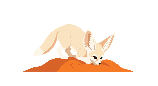 Cute Fennec Fox Digging in Desert Sand Vector Illustration - Small Fox with Large Ears in the Wild